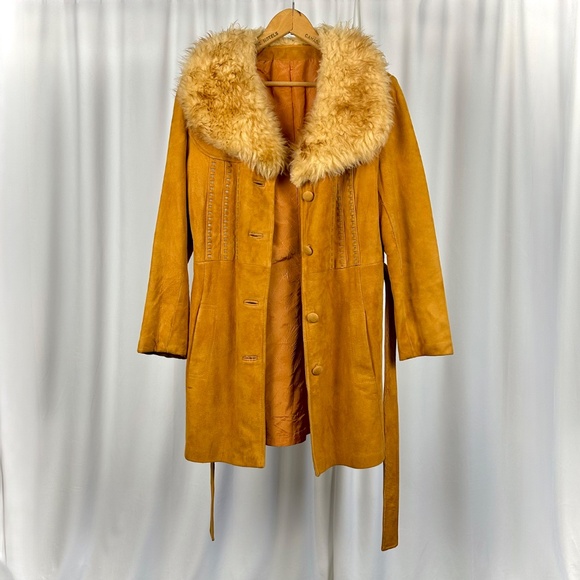 Vintage 1960’s Soft Suede Penny Lane Belted Trench Coat with Shearling Fur - M - Picture 4 of 14